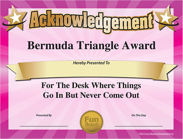 Fun Certificate Bermuda Triangle Award For Lost Paperwork