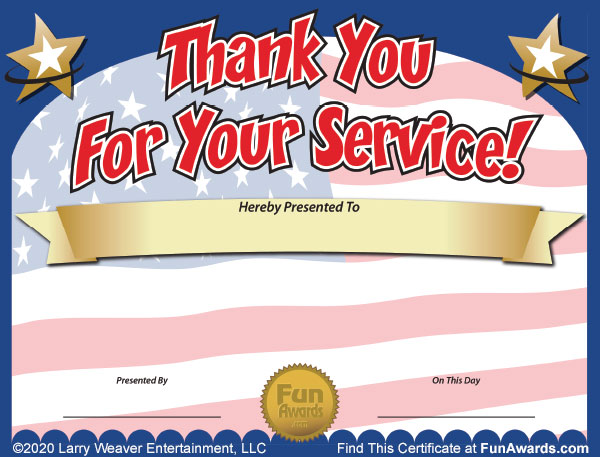 Thank You For Your Service Certificate of Appreciation
